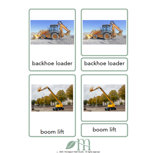 Construction vehicles three part cards page example