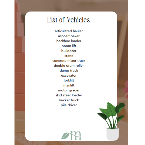 list of construction vehicles in the construction vehicle matching card set